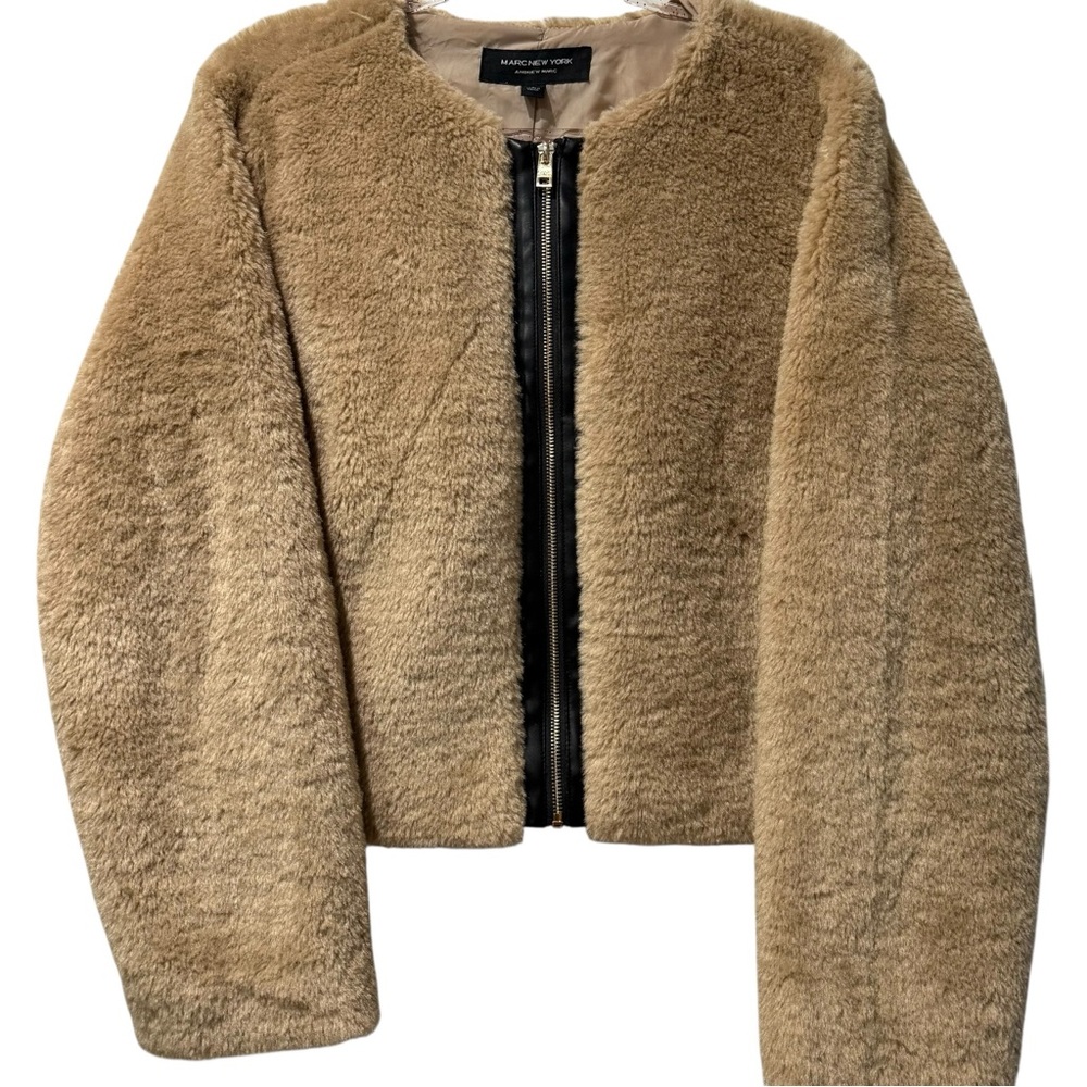 Marc New York Tan Fur / Teddy Jacket - Black Faux Leather Trim Coat Size Large